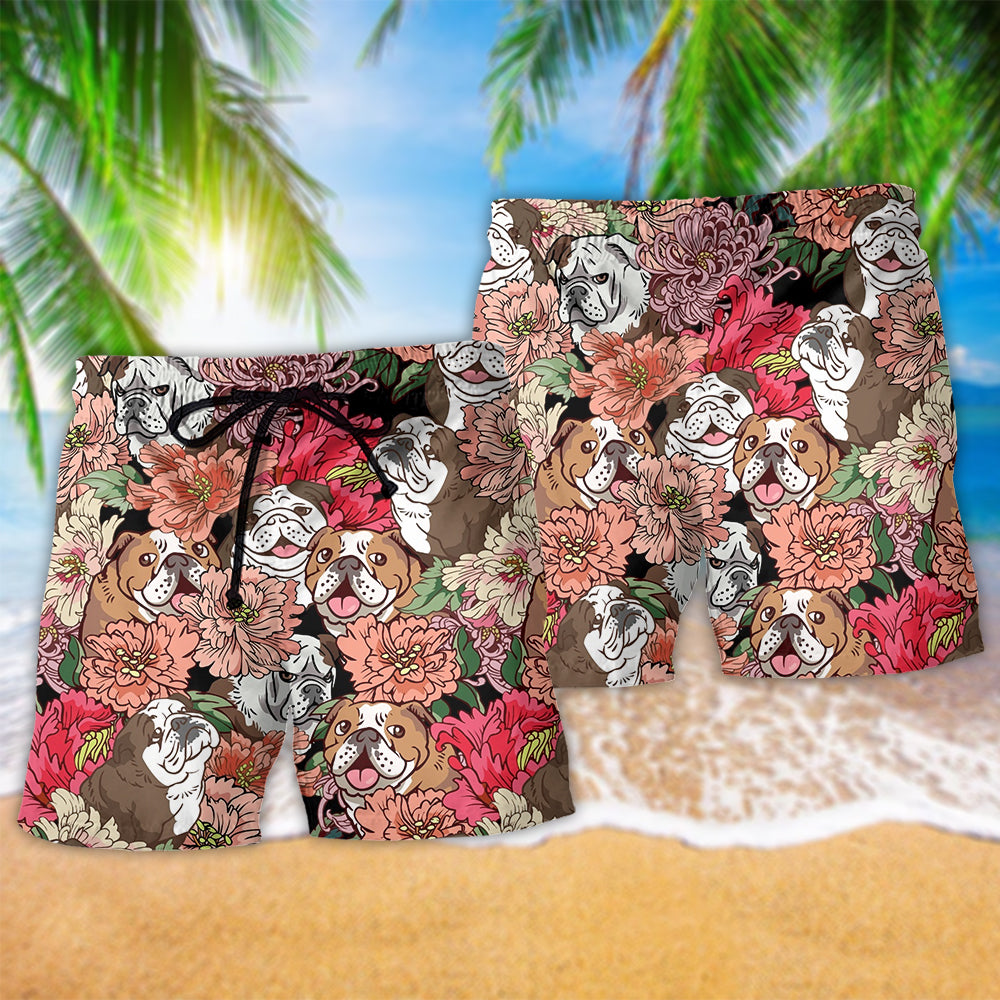Bulldog With Lovely Floral Beach Shorts Artwork View For Seaside Trips And Casual Style