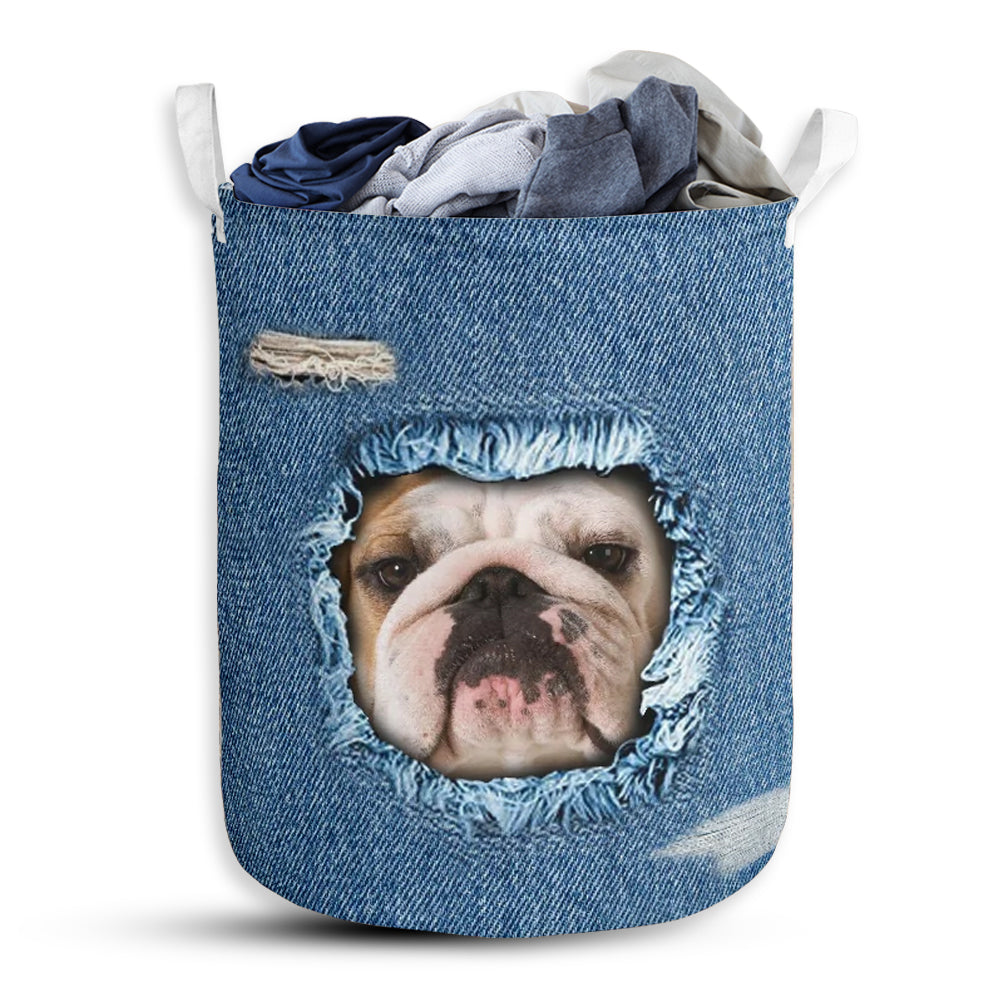 Small Size Bulldog Jean Pattern Laundry Basket For Bathroom Bedroom Storage