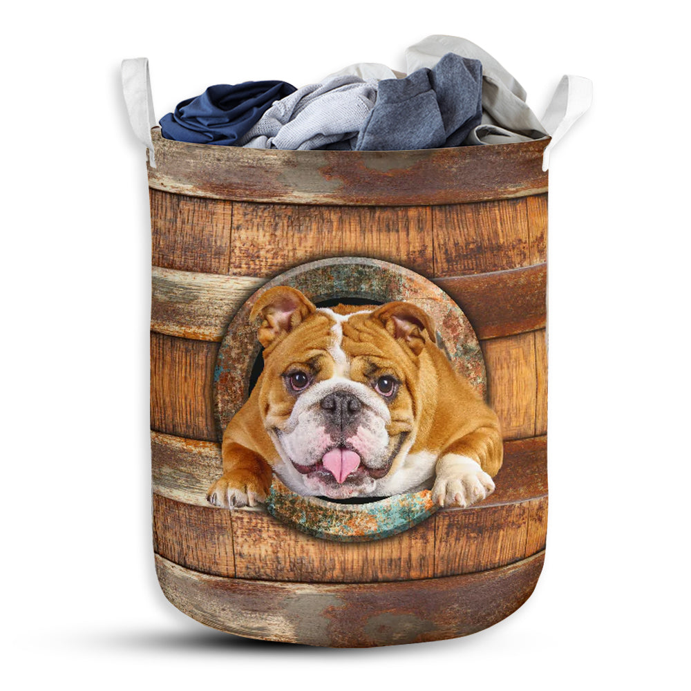 Small Size Bulldog Wood Vintage Style Laundry Basket For Bathroom Bedroom Storage