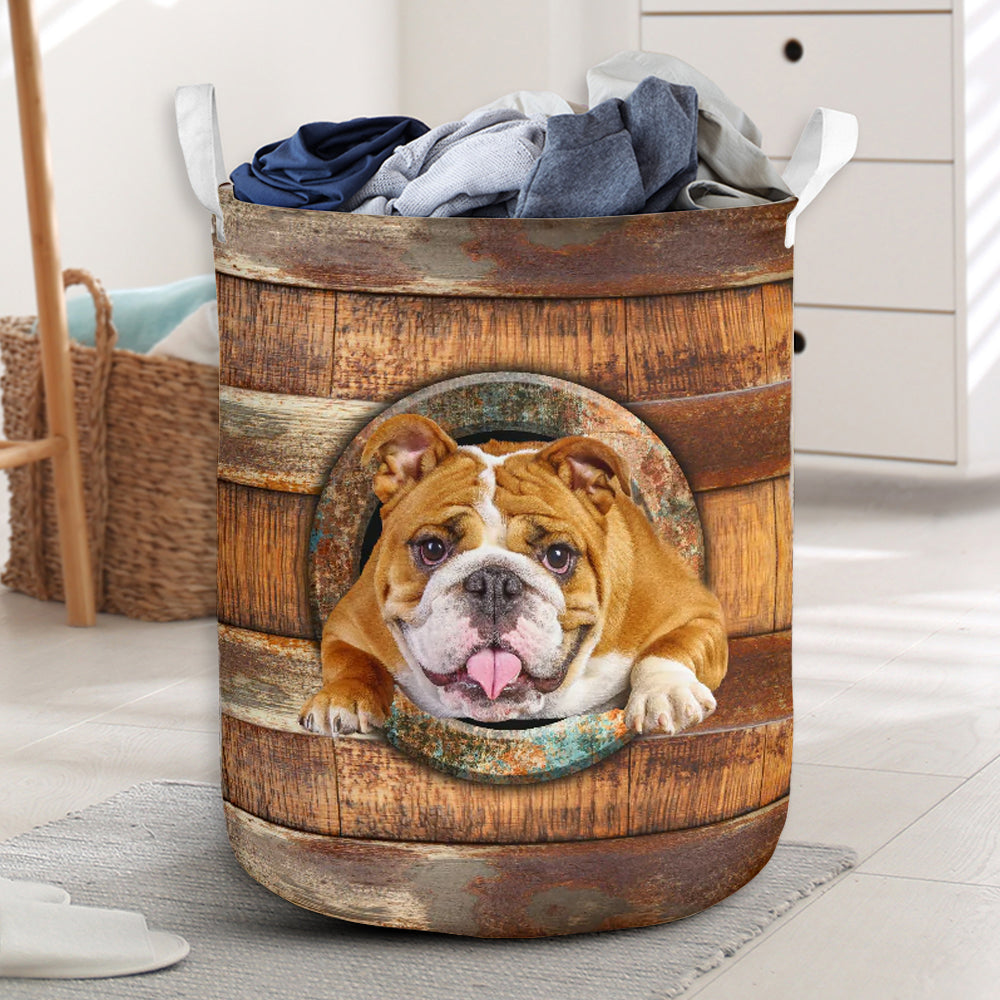 Bulldog Wood Vintage Style Laundry Basket For Room Home Organizer