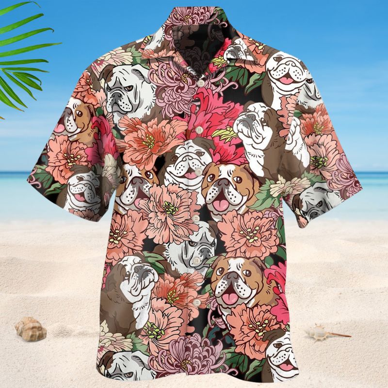 Floral Bulldog Hawaiian Shirt For Coastal Travel, Casual Events, And Comfortable Summer Wear
