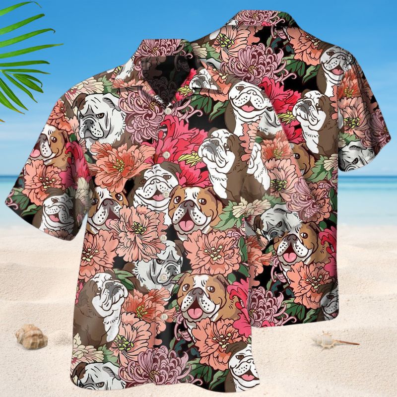 Floral Bulldog Hawaiian Shirt For Coastal Travel, Casual Events, And Comfortable Summer Wear