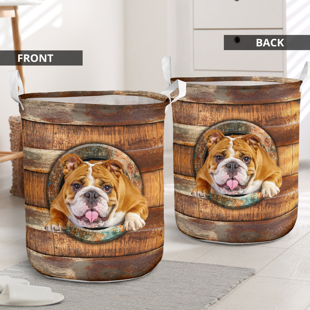 Bulldog Wood Vintage Style Laundry Basket For Nursery Dorm And Home Storage