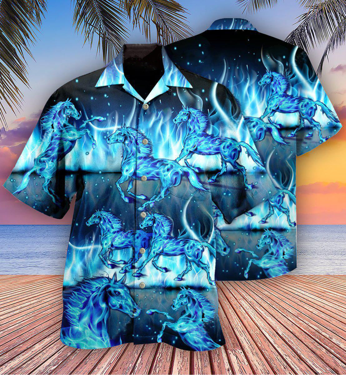 Blue Horse Burning Hawaiian Shirt Pattern Detail For Summer Holidays And Outdoor Fun