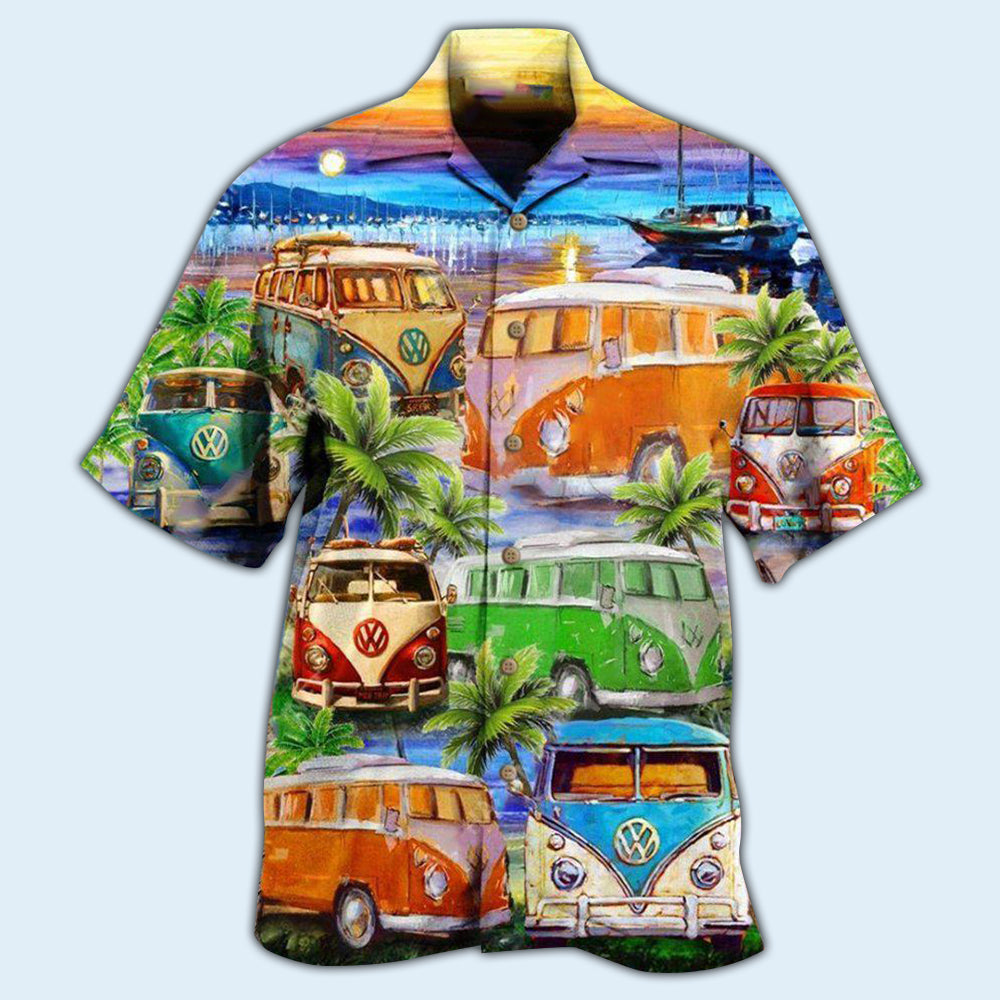 Bus And Tropical Beach Hawaiian Shirt With All Over Print For Tropical Holiday Resort Parties And Everyday Style