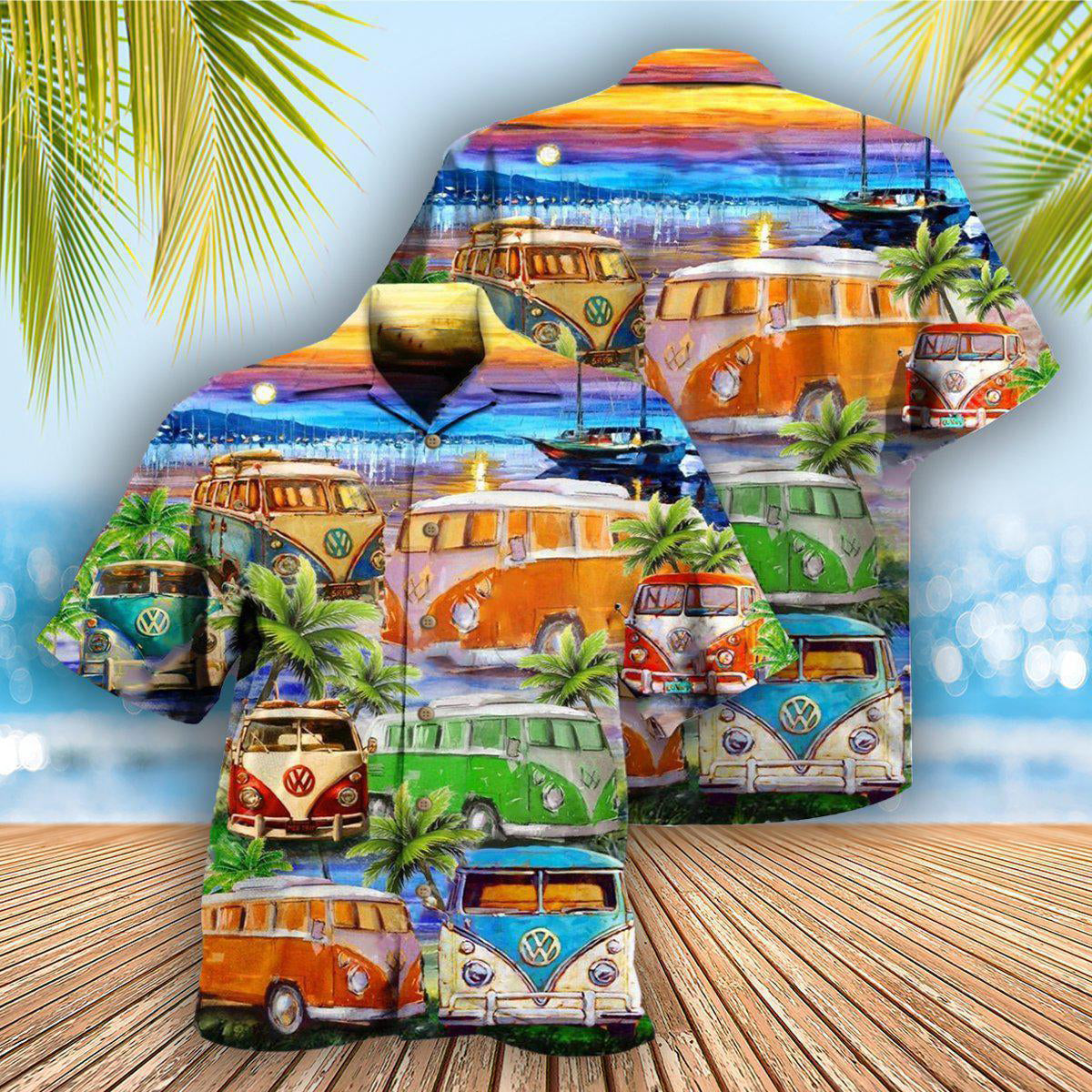 Bus And Tropical Beach Hawaiian Shirt With Detailed Graphic For Tropical Holiday Resort Parties And Everyday Style