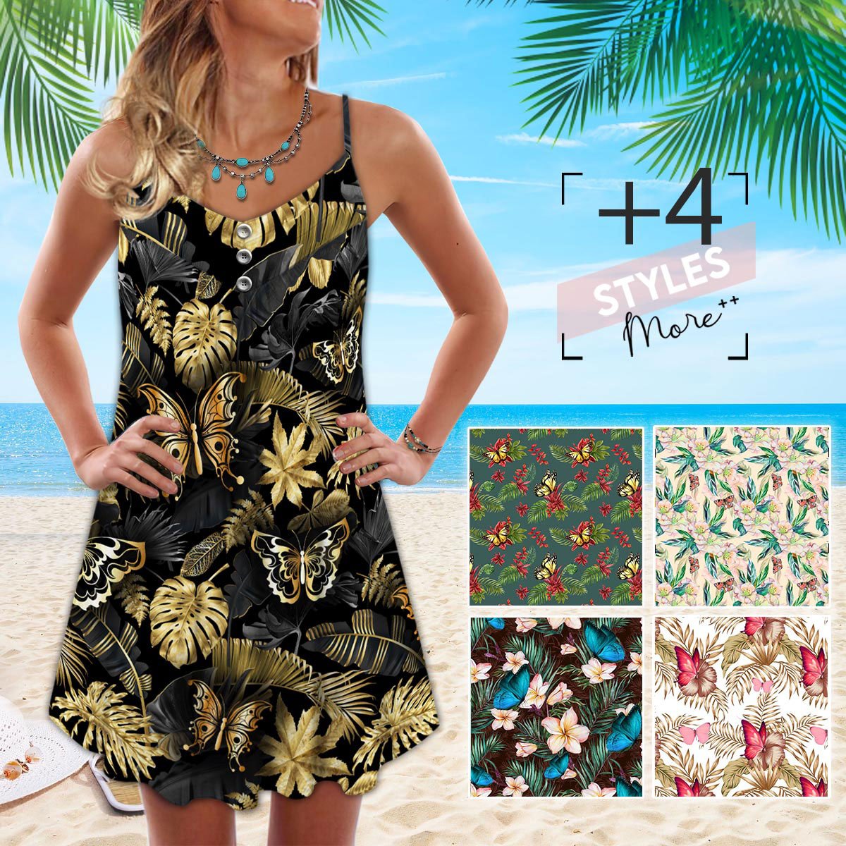 Butterfly Tropical V-Neck Sleeveless Cami Dress For Beach Trips And Resort Vacations