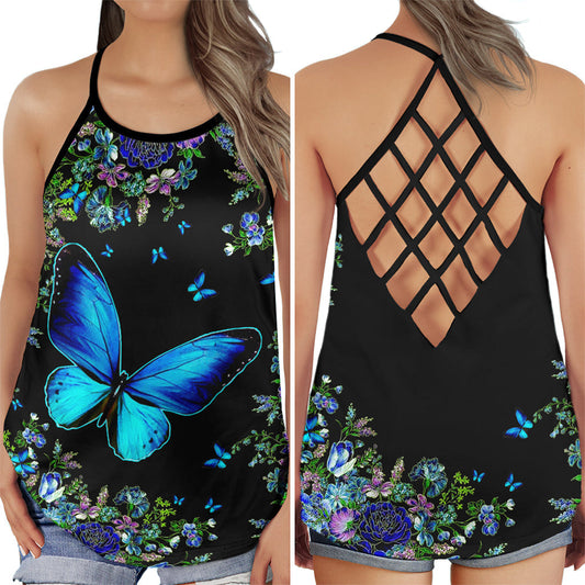 Blue Butterfly Garden Nature Hollow Tank Top For Yoga Practice And Summer Outings