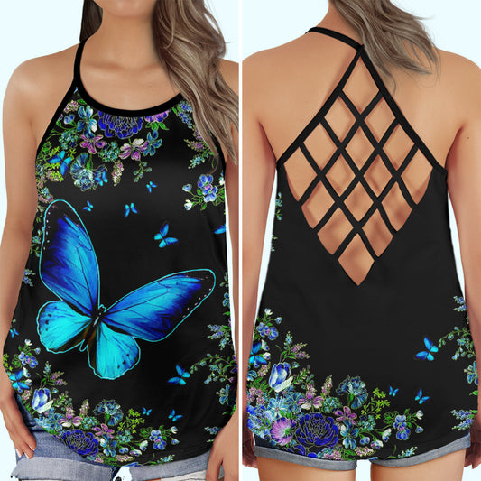 Blue Butterfly Beautiful Everyday Gift Hollow Tank Top For Yoga Practice And Summer Outings