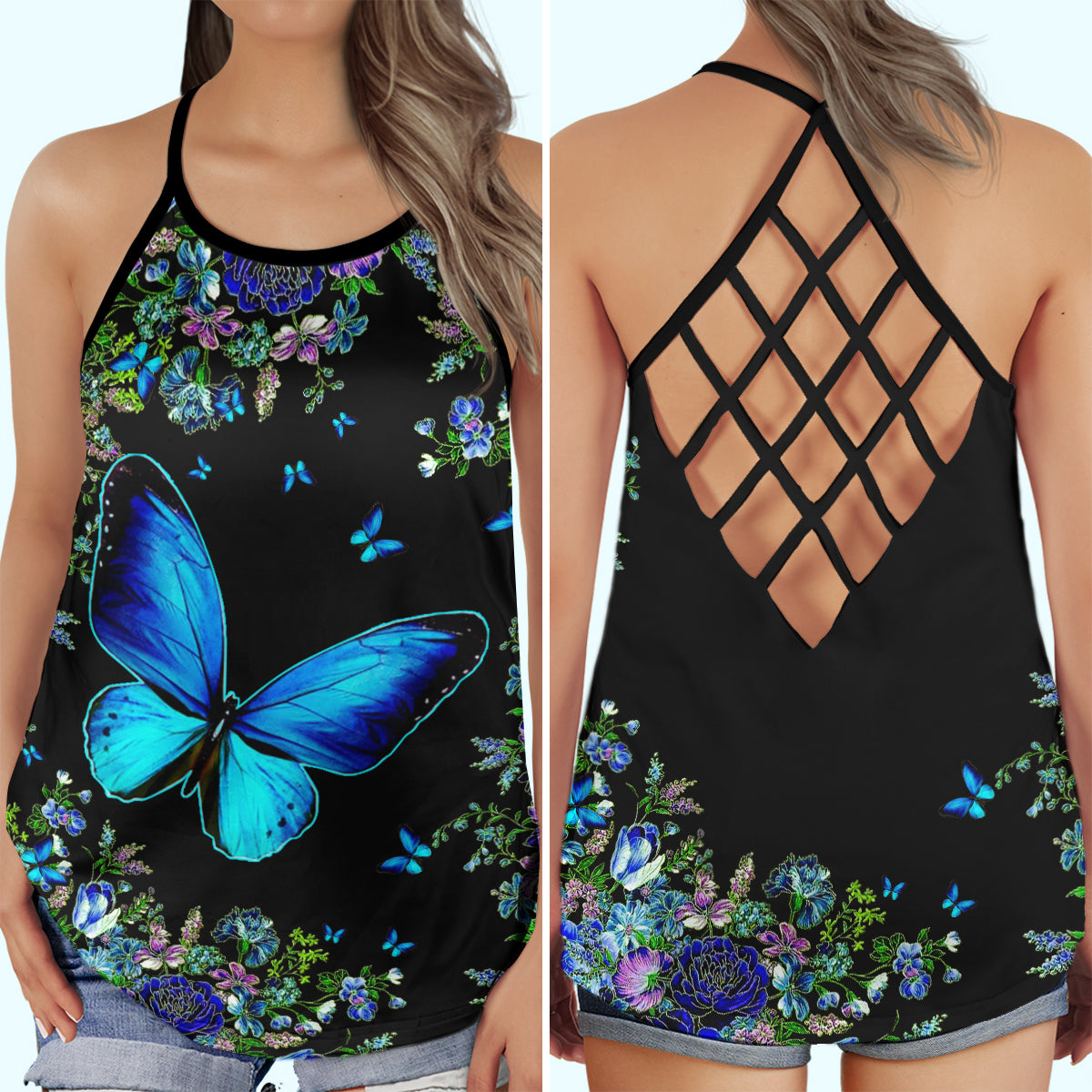 Blue Butterfly Garden Nature Hollow Tank Top For Yoga Practice And Summer Outings