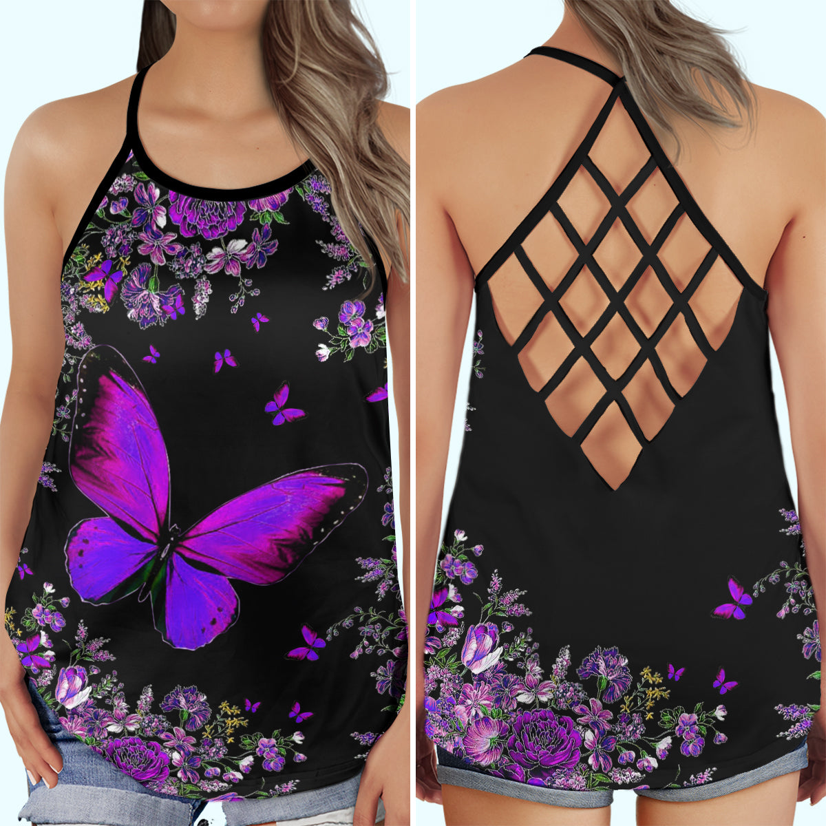 Purple Butterfly Beautiful Everyday Gift Hollow Tank Top For Yoga Practice And Summer Outings