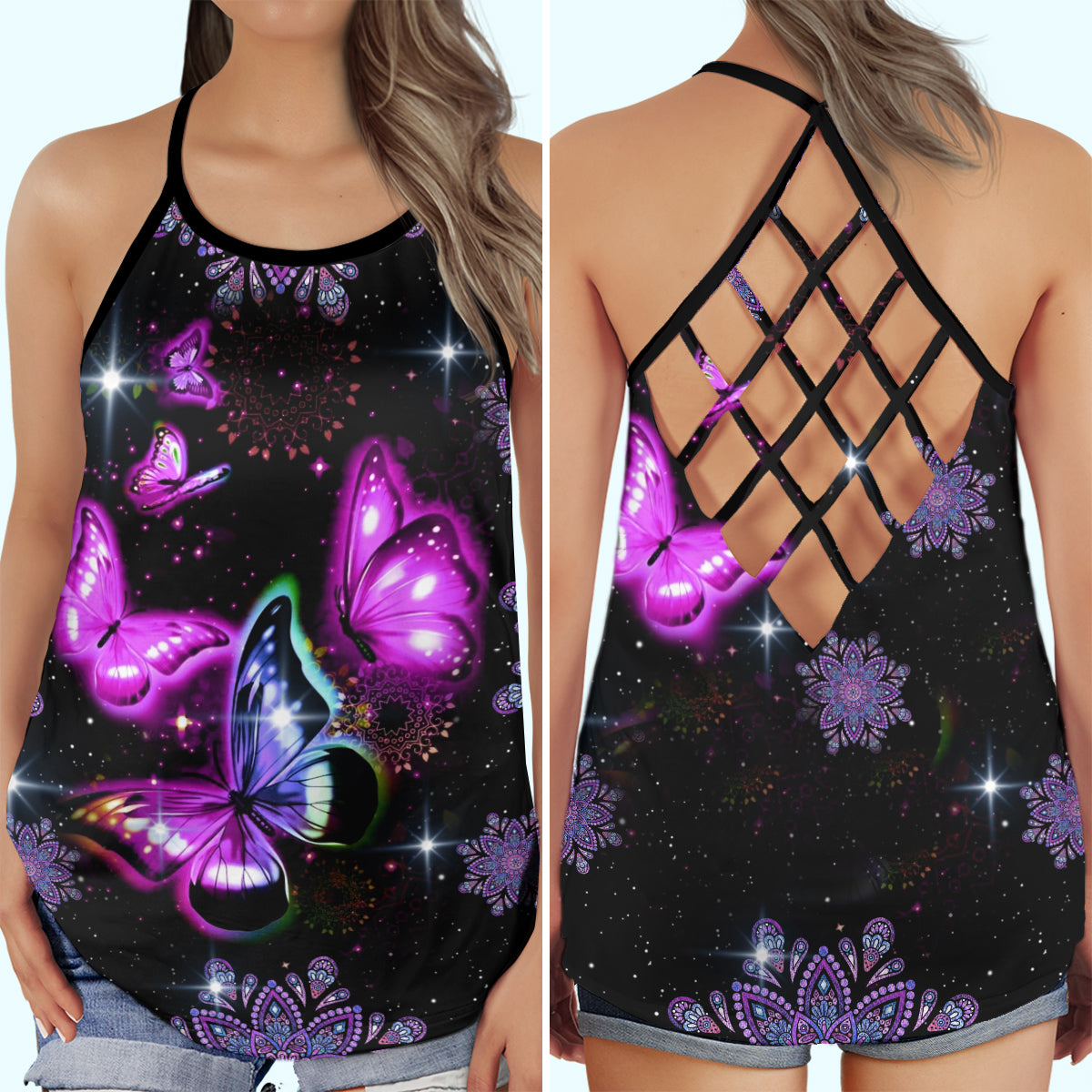 Purple Butterfly Beautiful Pattern Hollow Tank Top For Yoga Practice And Summer Outings