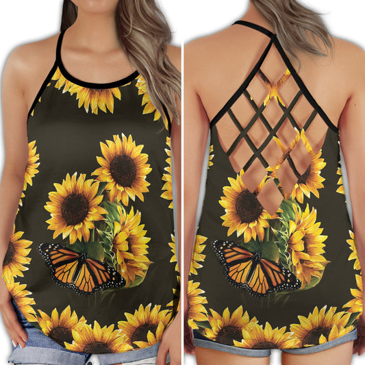 Sunflower Butterfly Everyday Beauty Hollow Tank Top For Yoga Practice And Summer Outings