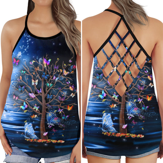Butterfly Colorful Tree Nature Beauty Floral Hollow Tank Top For Yoga Practice And Summer Outings