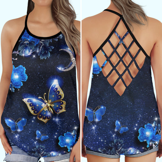 Butterfly Dream Night Blue Hollow Tank Top For Yoga Practice And Summer Outings