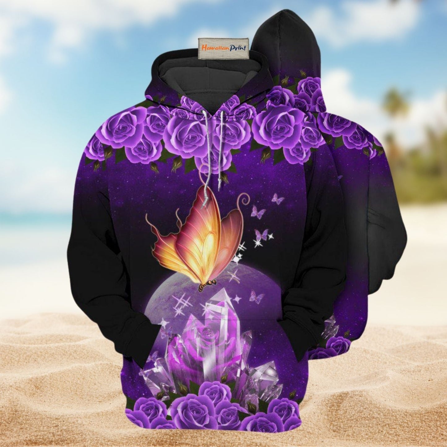 Purple Butterfly Fire Rose Hoodie For Casual Activities Seasonal Outings And Gift Ideas
