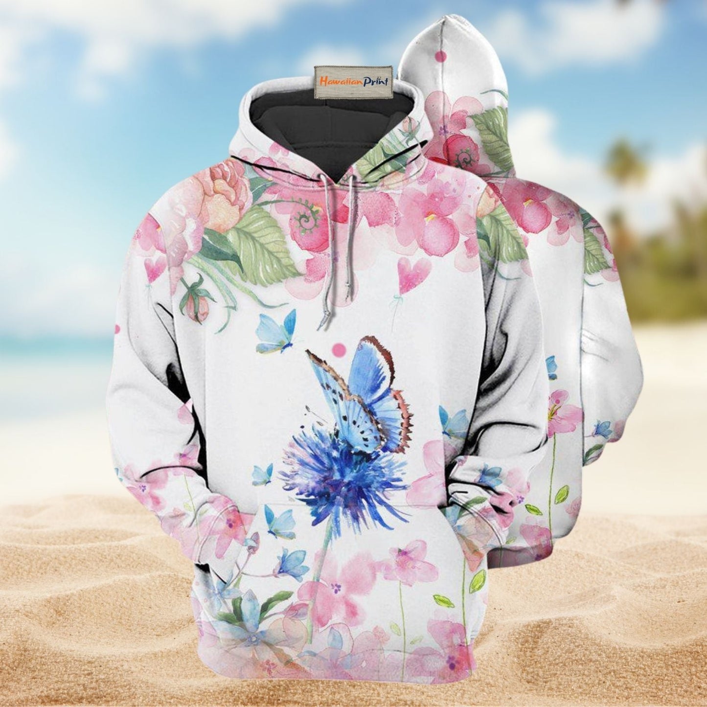 Floral Pink Blue Butterfly Love Hoodie For Casual Outfits Outdoor Trips And Comfortable Layering