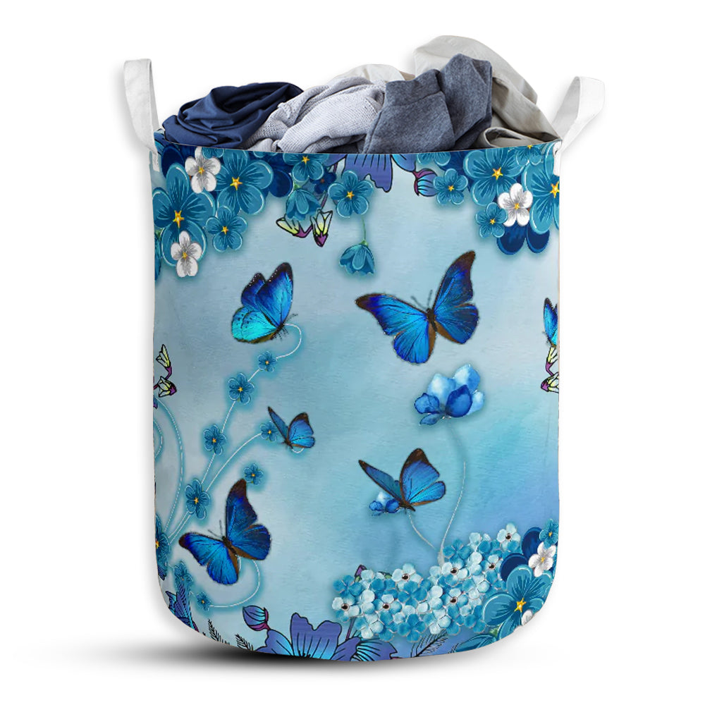 Small Size Butterfly Flower Blue Colorful Laundry Basket For Bathroom Bedroom Storage