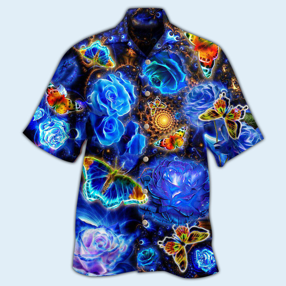 Floral Rose Butterfly Hawaiian Shirt With All Over Print For Summer Vacation Beach Travel And Casual Wear