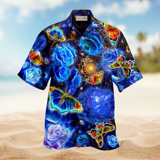 Butterfly Flower Glowing Blue Rose Hawaiian Shirt For Summer Vacation Beach Travel And Relaxed Casual Wear