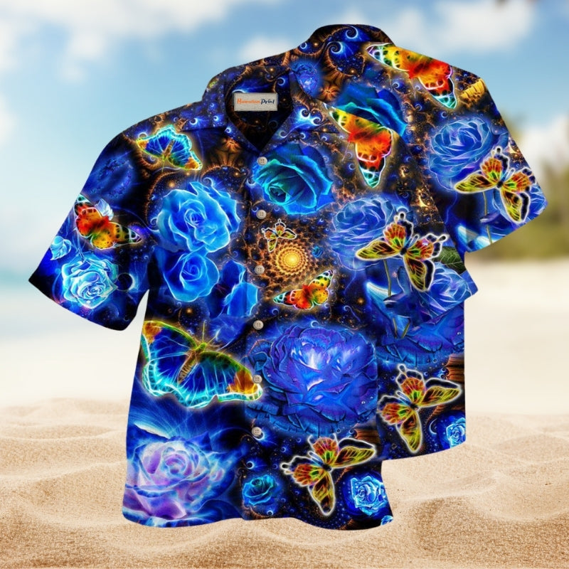 Butterfly Flower Glowing Blue Rose Hawaiian Shirt For Summer Vacation Beach Travel And Relaxed Casual Wear