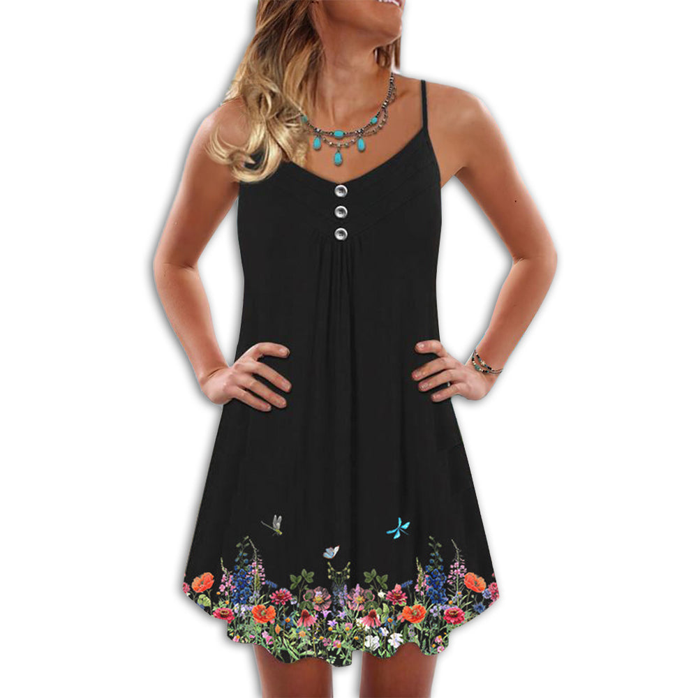 Butterfly Flower Classic V-Neck Sleeveless Cami Dress For Summer Events And Colorful Daily Fashion