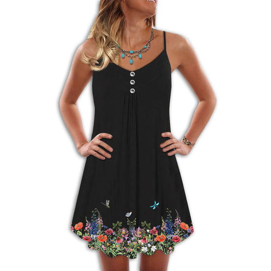 Butterfly Flower Classic V-Neck Sleeveless Cami Dress For Summer Events And Colorful Daily Fashion