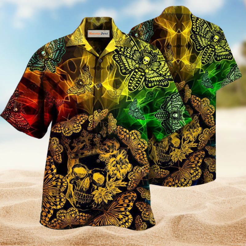 Butterfly Golden Skull Hawaiian Shirt For Creative Adventures, Beach Travel, And Bold Warm Weather Wear