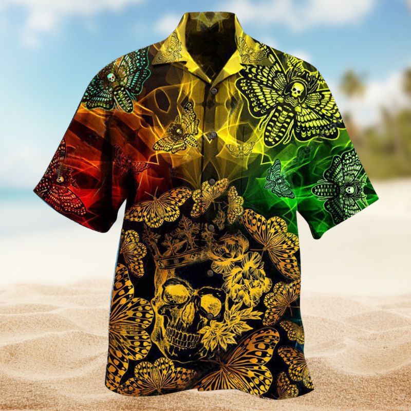 Butterfly Golden Skull Hawaiian Shirt For Creative Adventures, Beach Travel, And Bold Warm Weather Wear