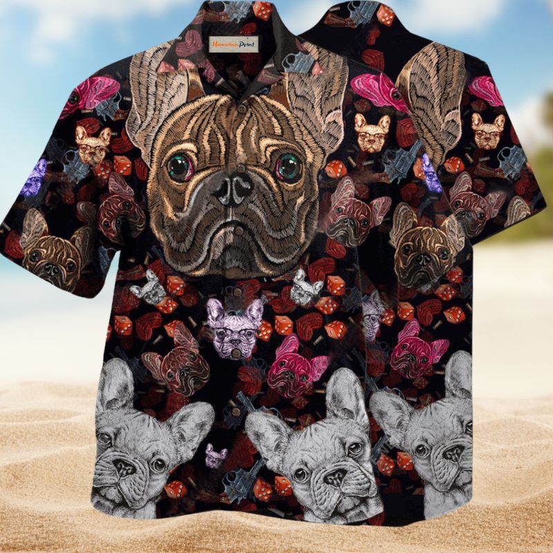 Dog Bulldog Embroidery Hawaiian Shirt For Summer Vacation, Beach Travel, And Casual Wear