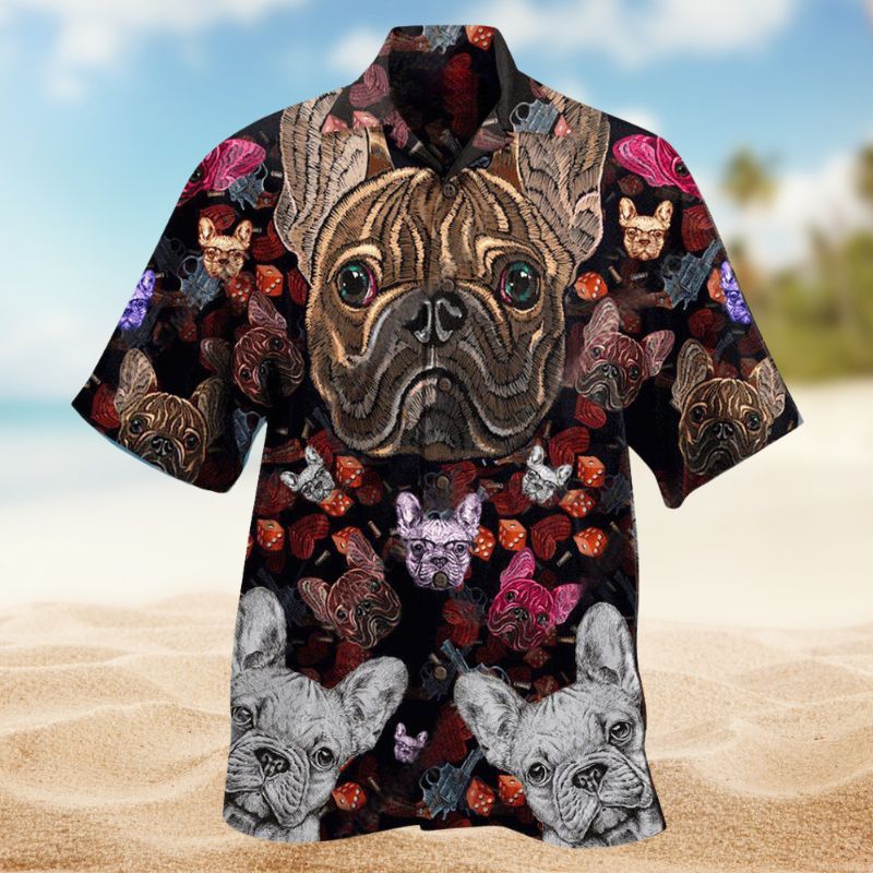 Dog Bulldog Embroidery Hawaiian Shirt For Summer Vacation, Beach Travel, And Casual Wear