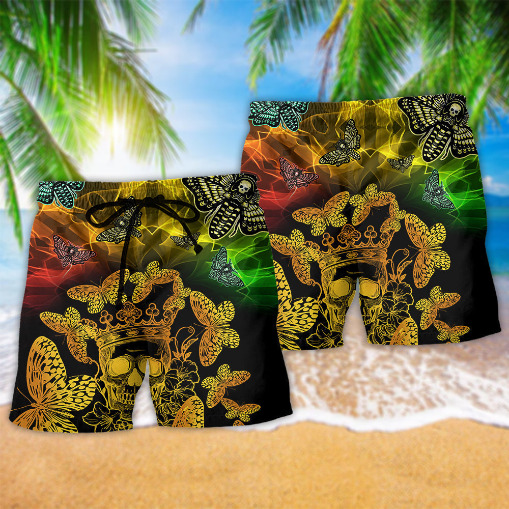 Butterfly Skull Beach Shorts Pattern Detail For Resort Wear And Weekend Casual Style
