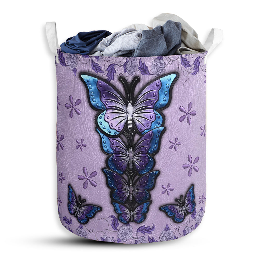 Small Size Butterfly Purple Leather Flower Laundry Basket For Bathroom Bedroom Storage