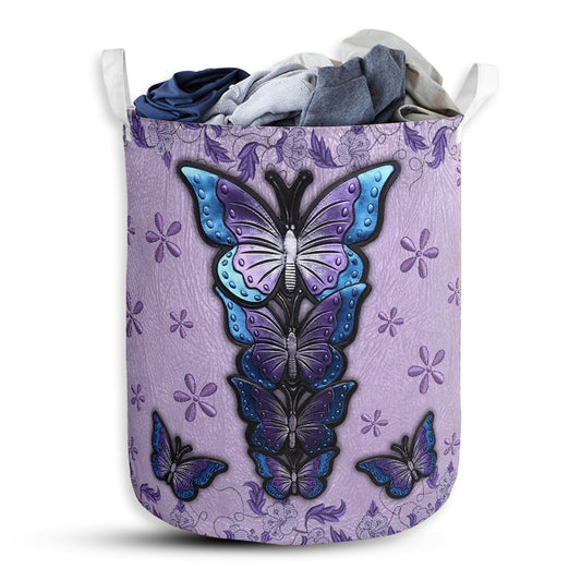 Small Size Butterfly Purple Leather Flower Laundry Basket For Bathroom Bedroom Storage