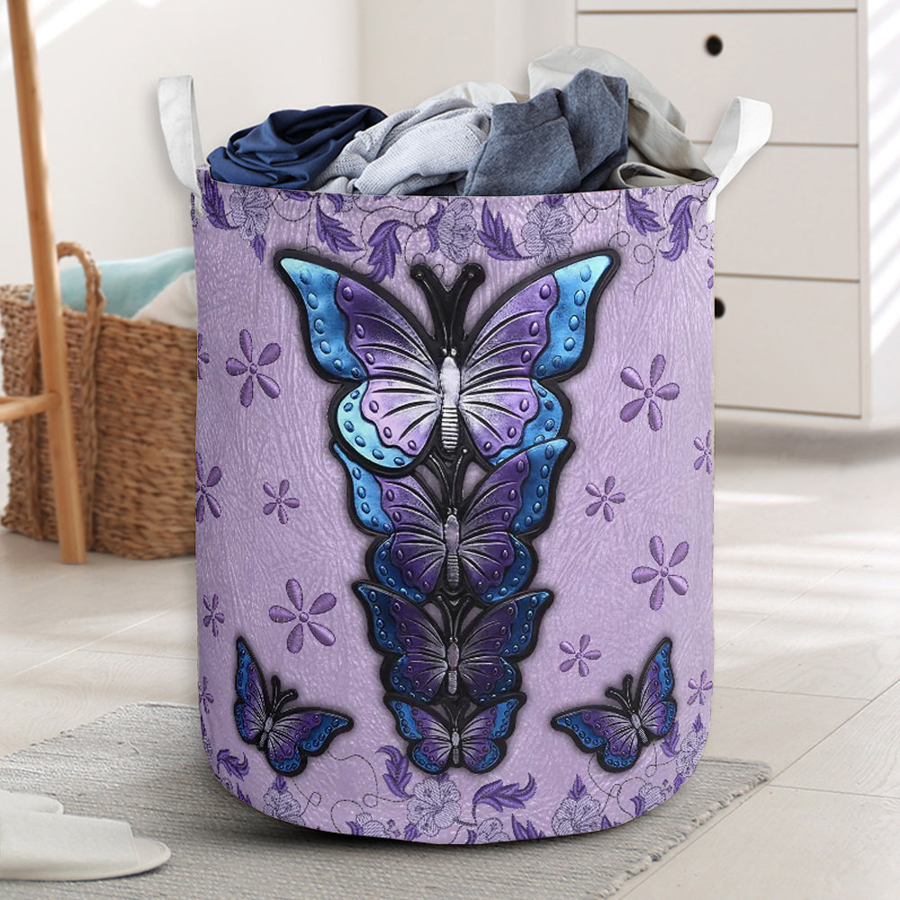 Butterfly Purple Leather Flower Laundry Basket For Room Home Organizer