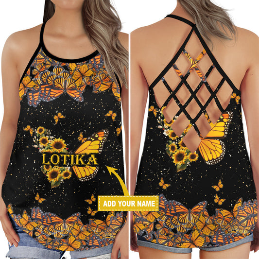 Butterfly Sunflower Floral Summer Mood Hollow Tank Top For Yoga Practice And Summer Outings