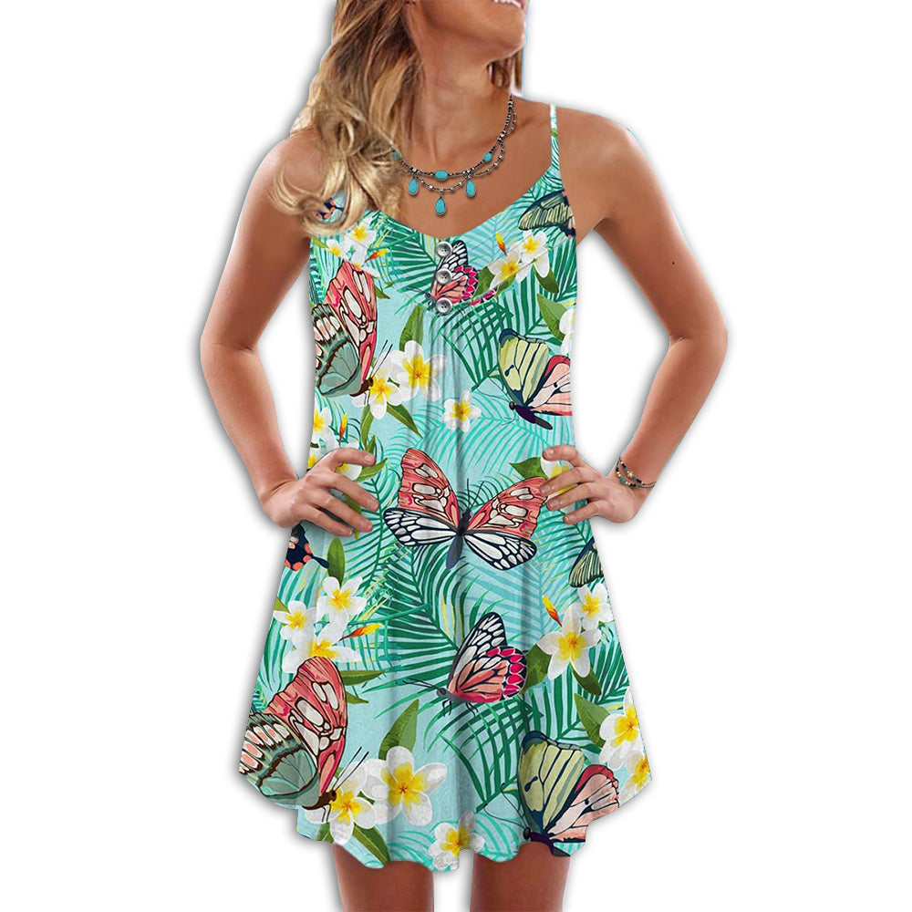 Butterfly Tropical Colorful V-Neck Sleeveless Cami Dress For Beach Festivals And Comfortable Summer Outfits