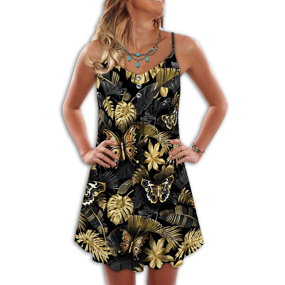 Butterfly Tropical V-Neck Sleeveless Cami Dress For Beach Trips And Resort Vacations
