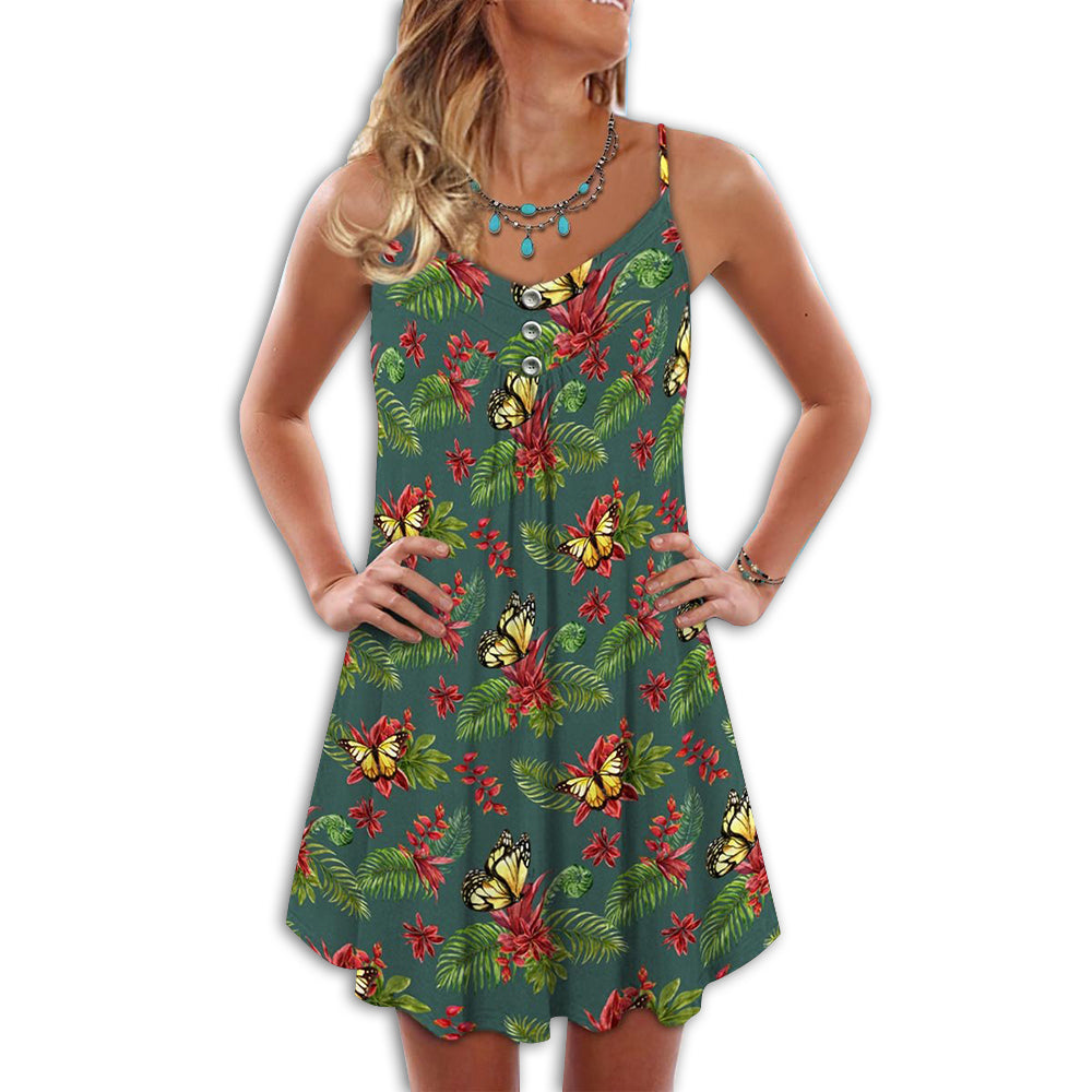 Butterfly Tropical V-Neck Sleeveless Cami Dress For Beach Trips And Resort Vacations
