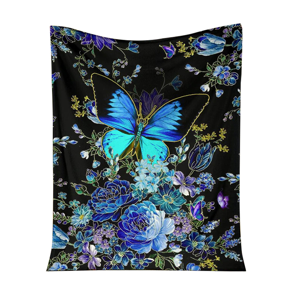 Butterfly With Blue Flowers Flannel Blanket For Cozy Bedroom Sofa Decor