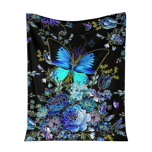 Butterfly With Blue Flowers Flannel Blanket For Cozy Bedroom Sofa Decor