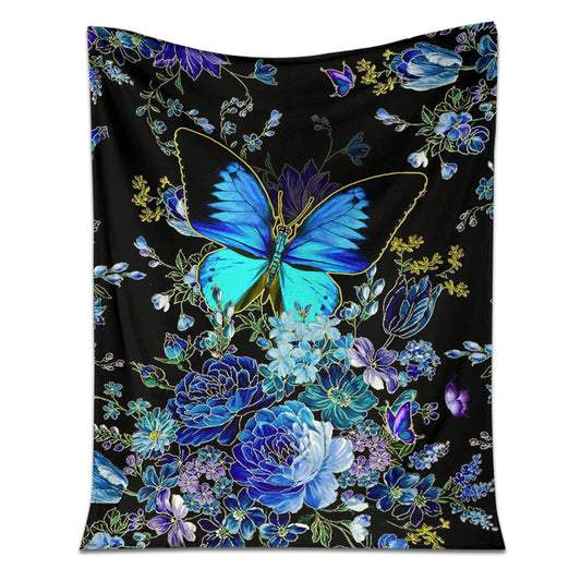 Butterfly With Blue Flowers Flannel Blanket For Cozy Bedroom Sofa Decor