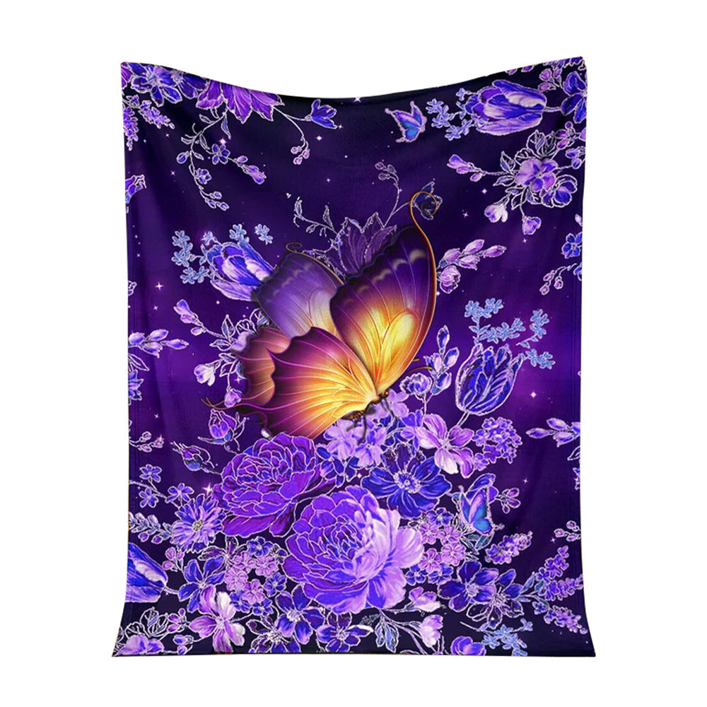 Butterfly With Purple Flowers Flannel Blanket For Cozy Bedroom Sofa Decor