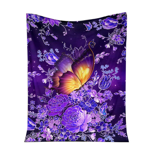 Butterfly With Purple Flowers Flannel Blanket For Cozy Bedroom Sofa Decor