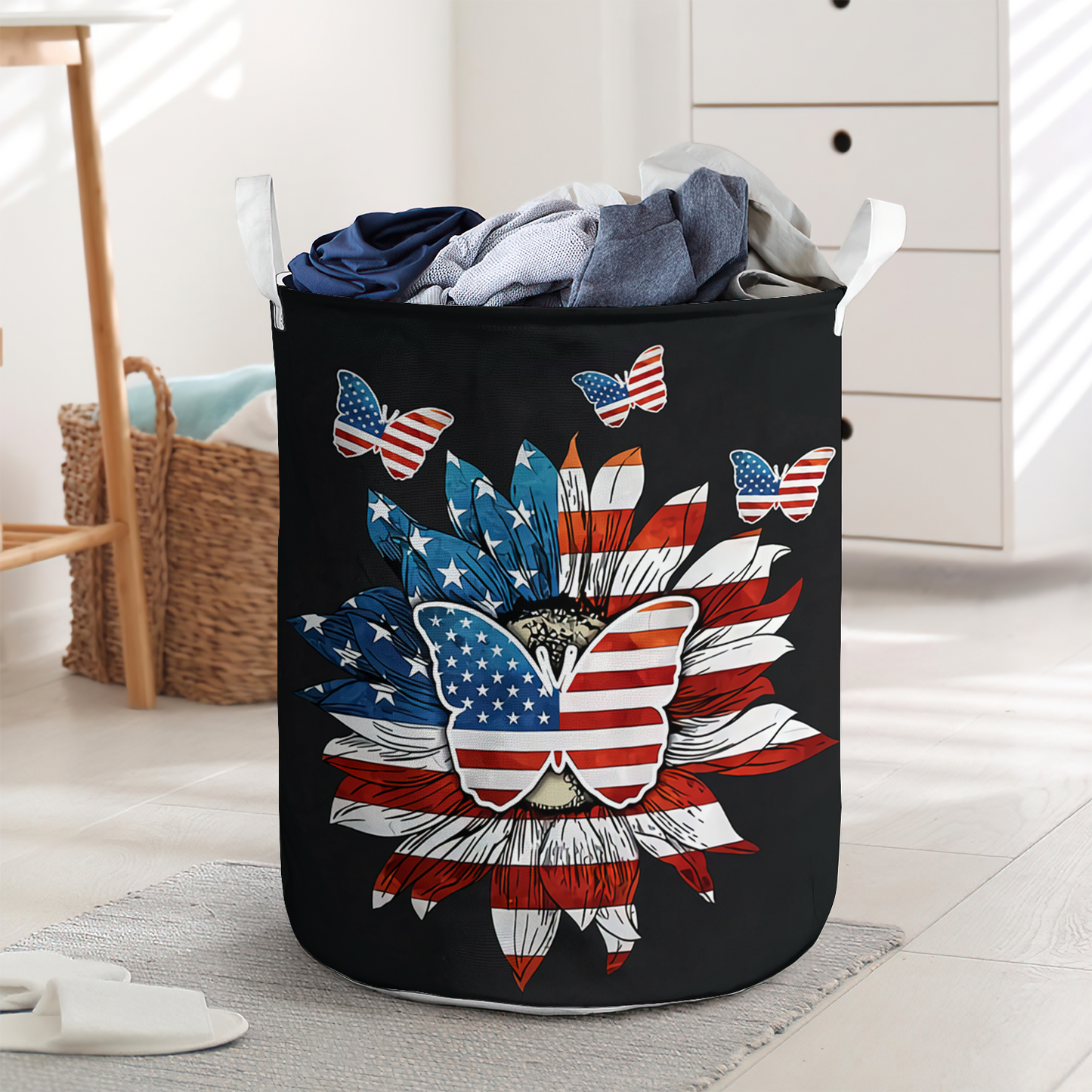 Fantastic Butterfly American Flag Laundry Basket For Bathroom Bedroom Storage