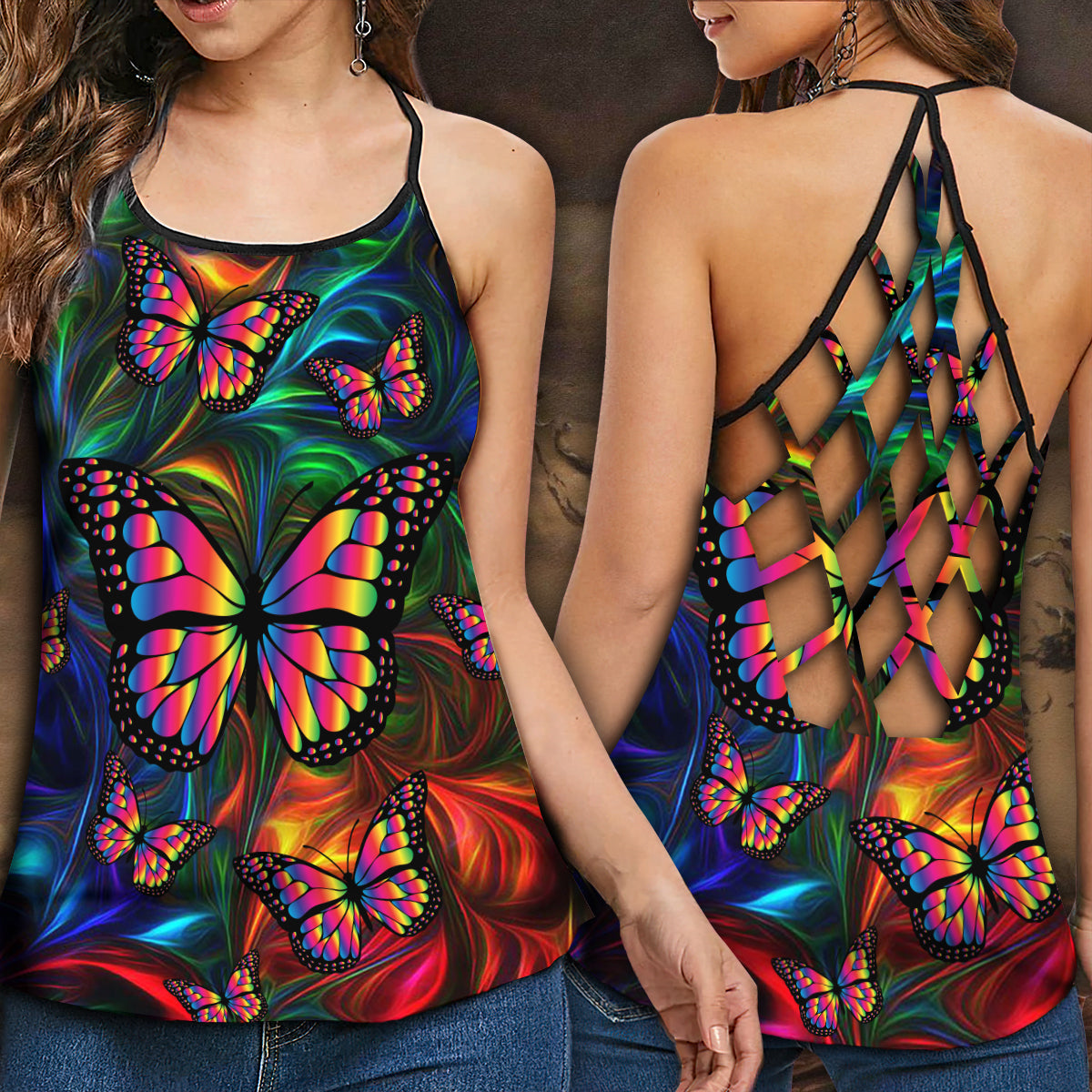 Colorful Butterfly Beautiful Hollow Tank Top For Yoga Practice And Summer Outings