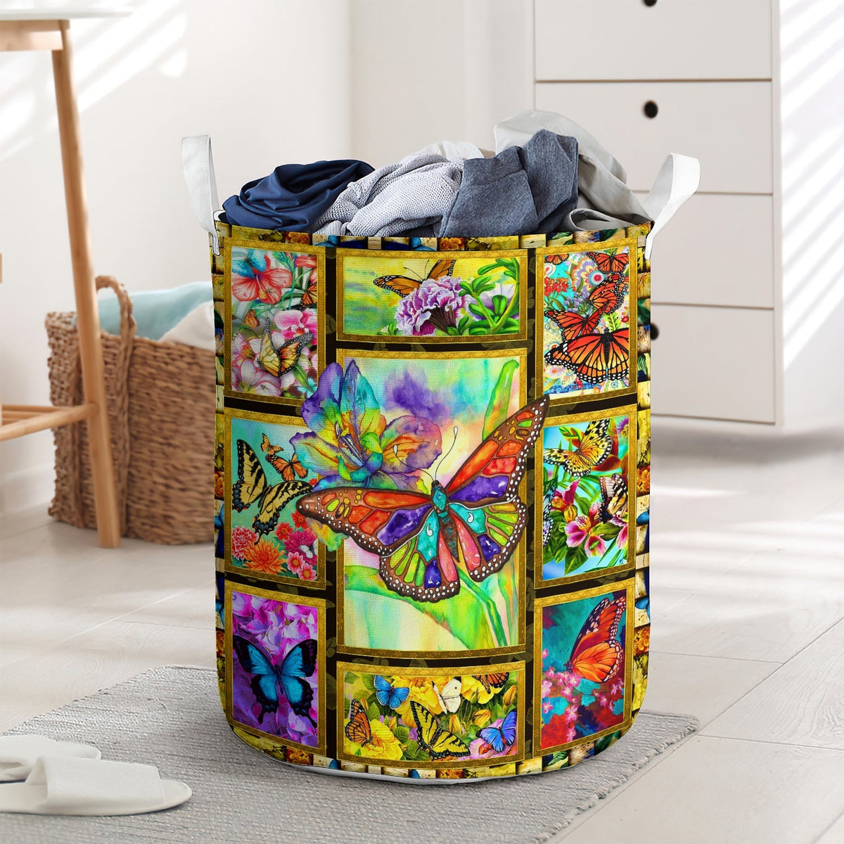 Butterfly Colorful With Flower Laundry Basket For Bathroom Bedroom Storage