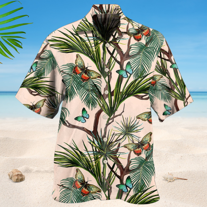 Tropical Butterfly Leaf Hawaiian Shirt For Tropical Holidays, Resort Trips, And Relaxed Coastal Style