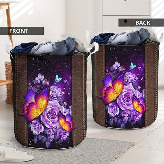 Butterfly And Flower Purple Style Laundry Basket For Bathroom Bedroom Storage