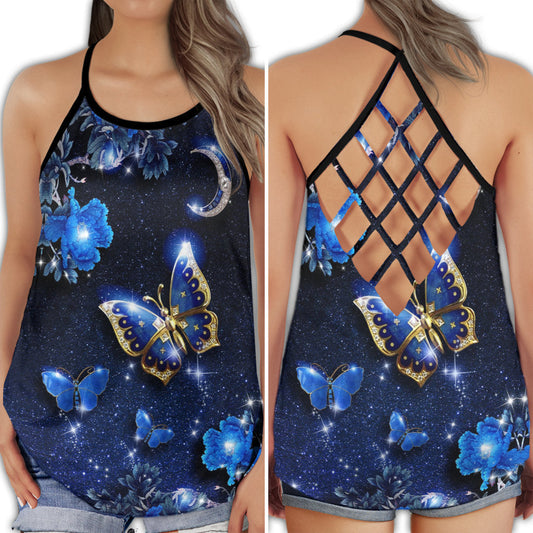 Butterfly Dream Night Blue Floral Hollow Tank Top For Yoga Practice And Summer Outings
